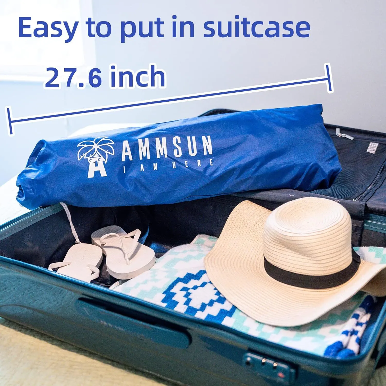 AMMSUN 6.5ft twice folded Portable beach umbrella with sand anchor windproof, Push Button Tilt and Air vent UPF 50  Protection Fits in a large Suitcase for Patio Garden Beach Pool Backyard Blue