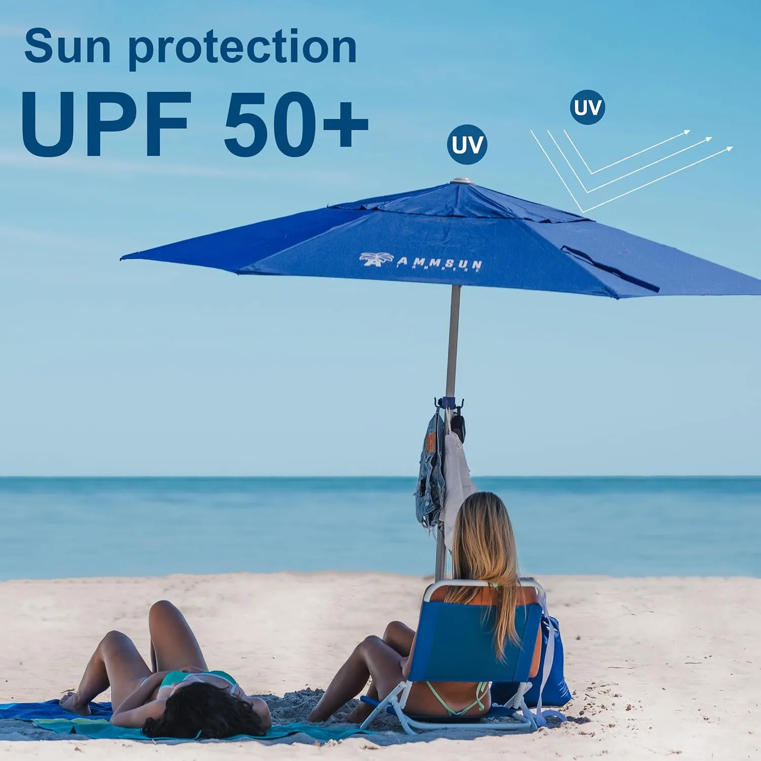 AMMSUN 8ft Large Beach Umbrellas for Sand Heavy Huty Wind Portable Commercial Grade Patio Beach Umbrella with Sand Anchor Adjustable Height Air Vent UPF 50  Telescoping Pole without tilt Dark Blue