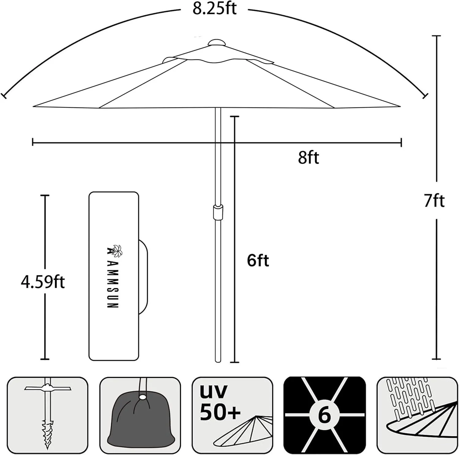 AMMSUN 8ft Large Beach Umbrellas for Sand Heavy Huty Wind Portable Commercial Grade Patio Beach Umbrella with Sand Anchor Adjustable Height Air Vent UPF 50  Telescoping Pole without tilt Dark Blue