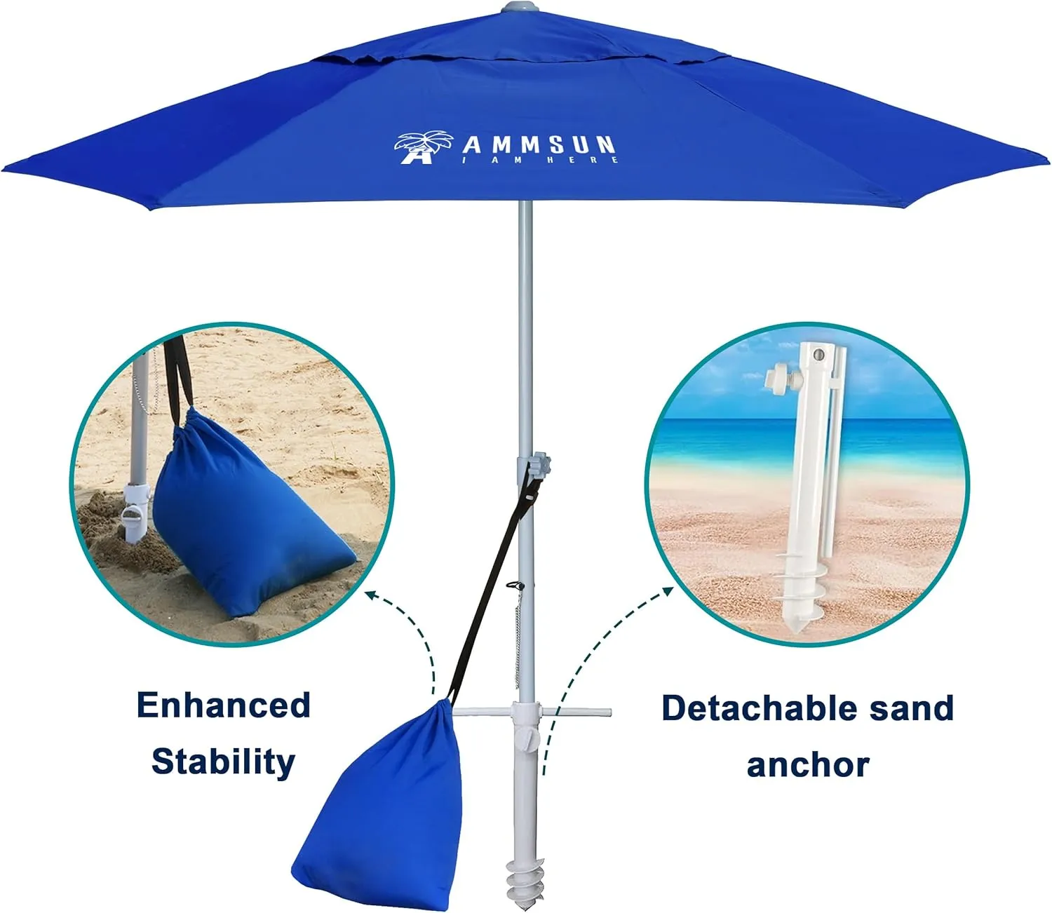 AMMSUN 8ft Large Beach Umbrellas for Sand Heavy Huty Wind Portable Commercial Grade Patio Beach Umbrella with Sand Anchor Adjustable Height Air Vent UPF 50  Telescoping Pole without tilt Dark Blue