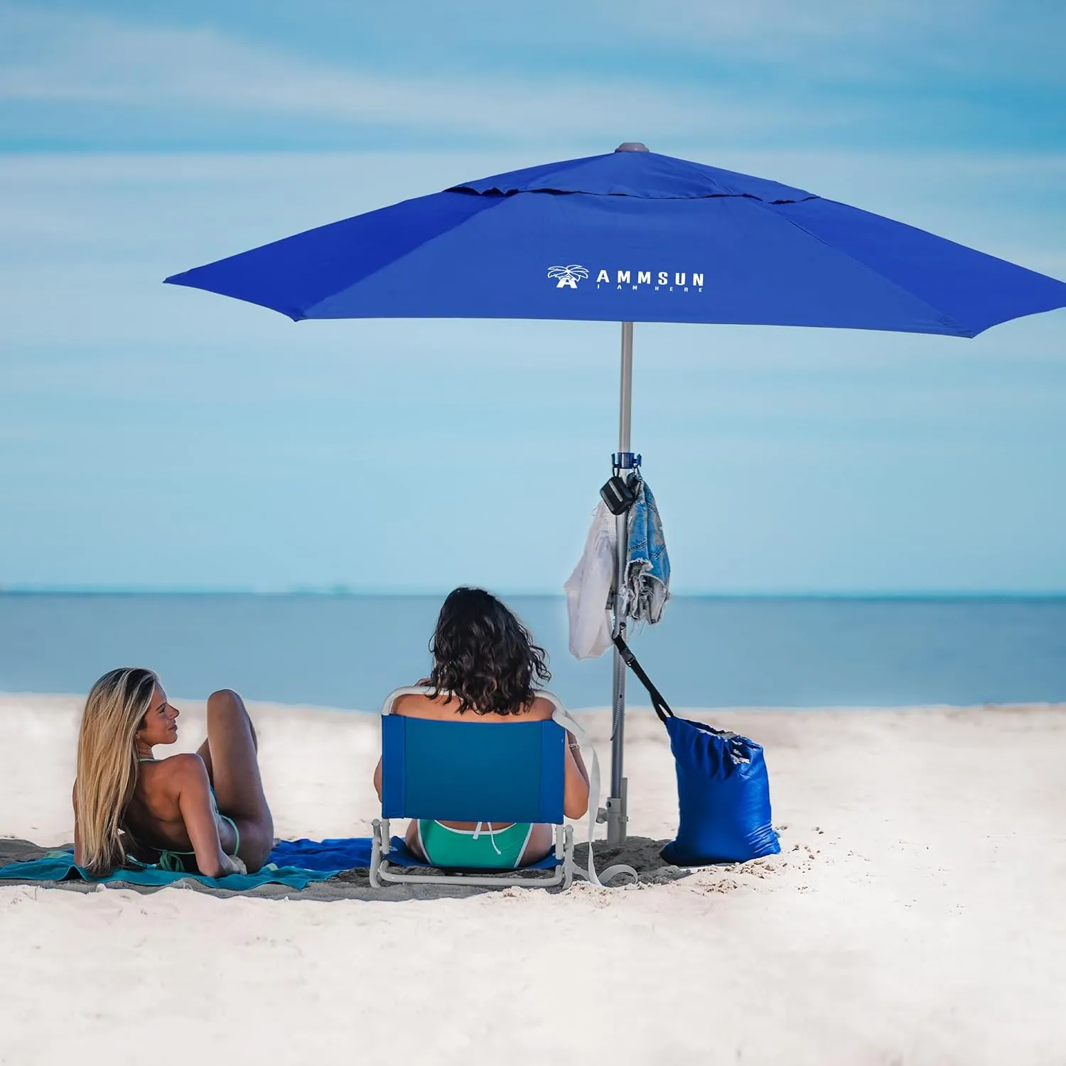 AMMSUN 8ft Large Beach Umbrellas for Sand Heavy Huty Wind Portable Commercial Grade Patio Beach Umbrella with Sand Anchor Adjustable Height Air Vent UPF 50  Telescoping Pole without tilt Dark Blue