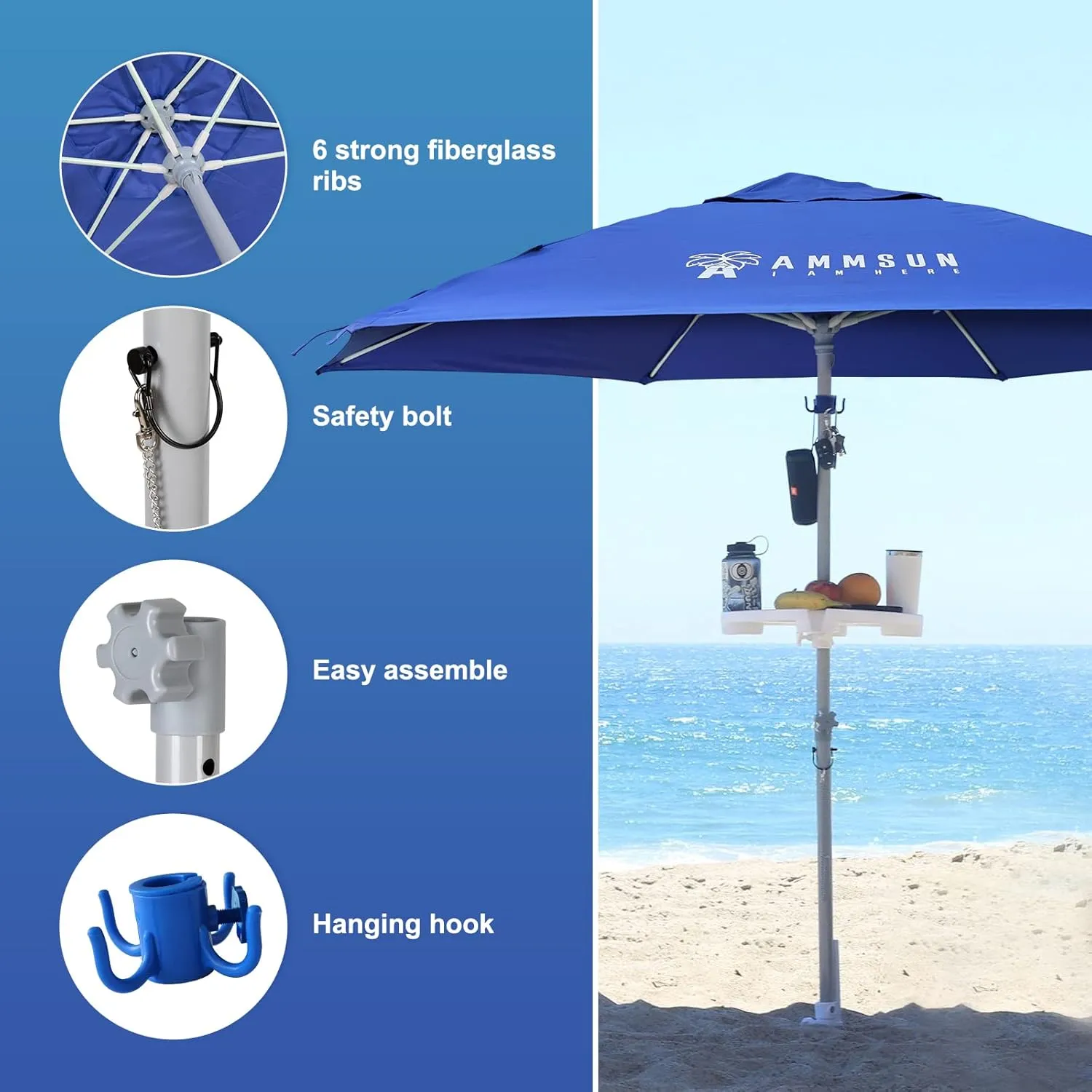 AMMSUN 8ft Large Beach Umbrellas for Sand Heavy Huty Wind Portable Commercial Grade Patio Beach Umbrella with Sand Anchor Adjustable Height Air Vent UPF 50  Telescoping Pole without tilt Dark Blue