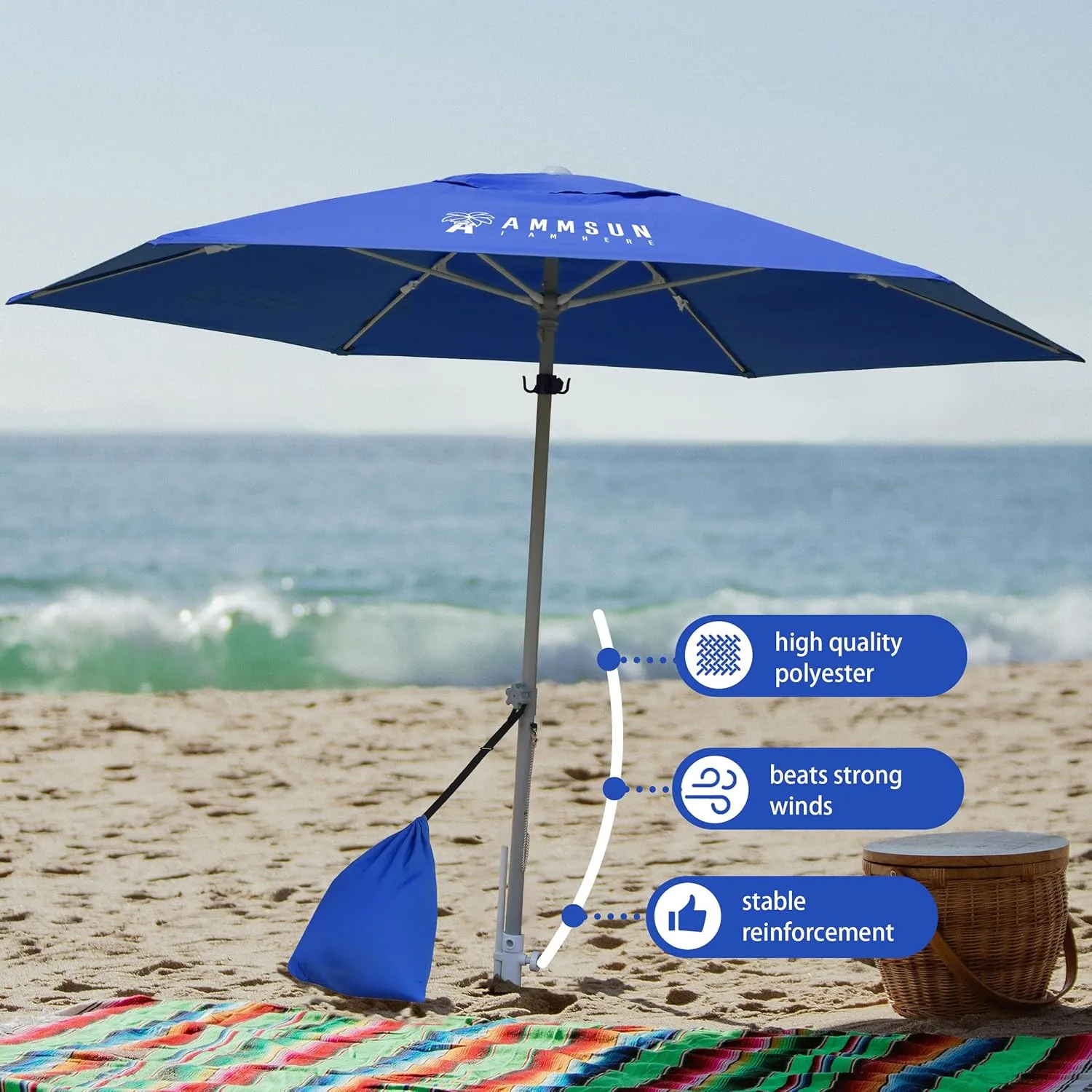 AMMSUN 8ft Large Beach Umbrellas for Sand Heavy Huty Wind Portable Commercial Grade Patio Beach Umbrella with Sand Anchor Adjustable Height Air Vent UPF 50  Telescoping Pole without tilt Dark Blue