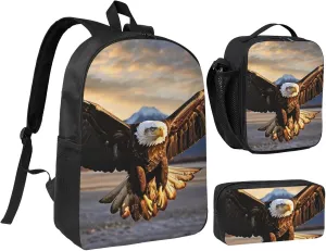 An Eagle3 print Backpack 3pcs Set Including 17 Inch Large BookBag With Lunch Bag And Practical Pen Bag