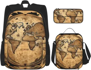 Ancient Map World Globe Print Pencil Case Lightweight Casual Fashion Backpack Lunch Bag Large Capacity Travel Bag