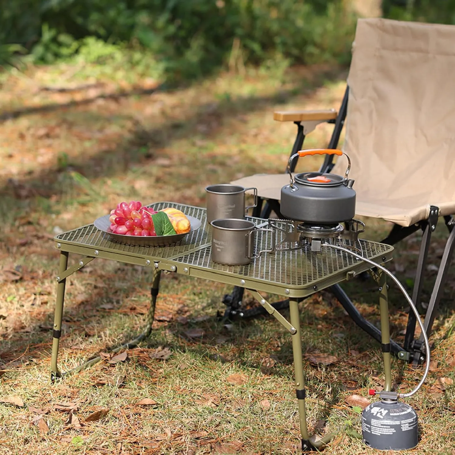 APLUSH Folding Grill Table Camping Table with Mesh Desktop,Height Adjustable Portable Outdoor Grill Table for Picnic, Beach, Indoor,Travel,Grill,Army Green