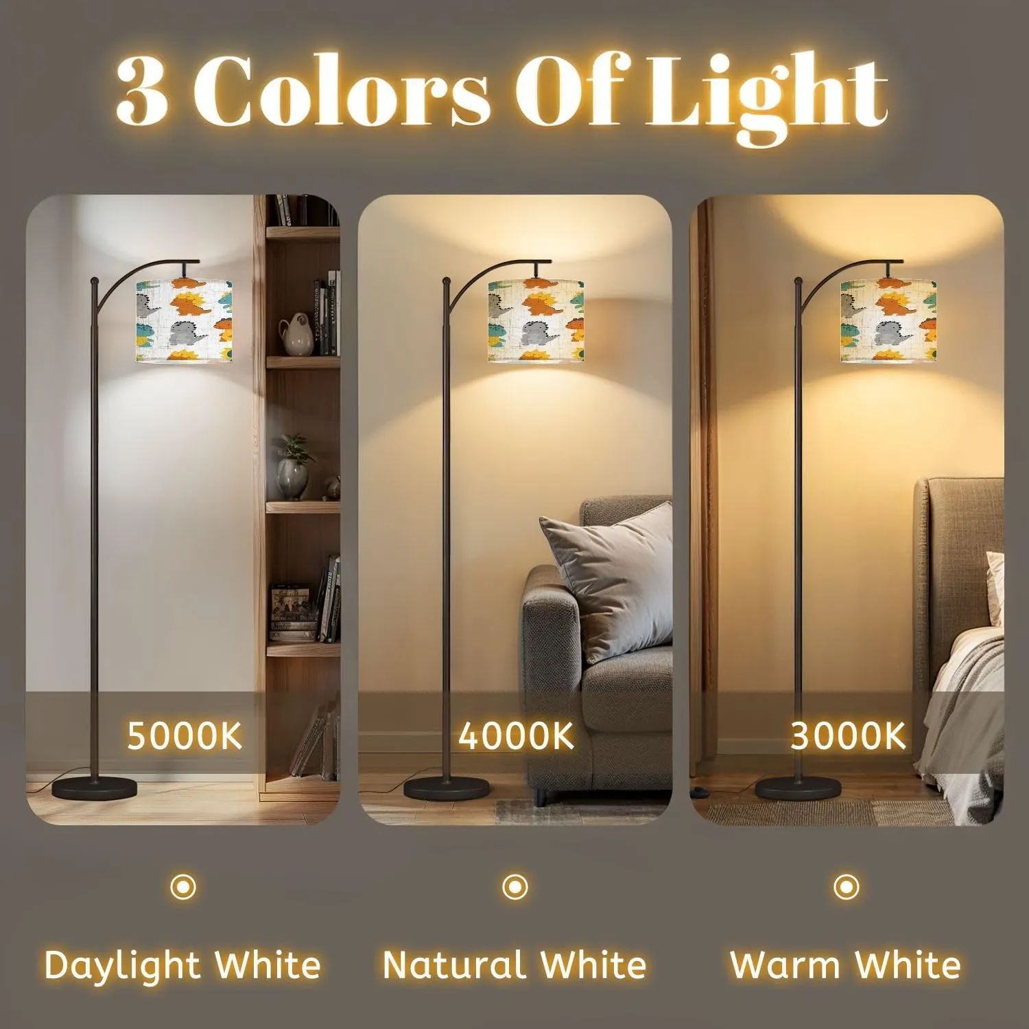 Arc Floor Lamps Cute Dinosaur Seamless Pattern Background for Printing Textiles Modern LED Adjustable Lampshade Standing Light for Living Room Reading Bedroom Office