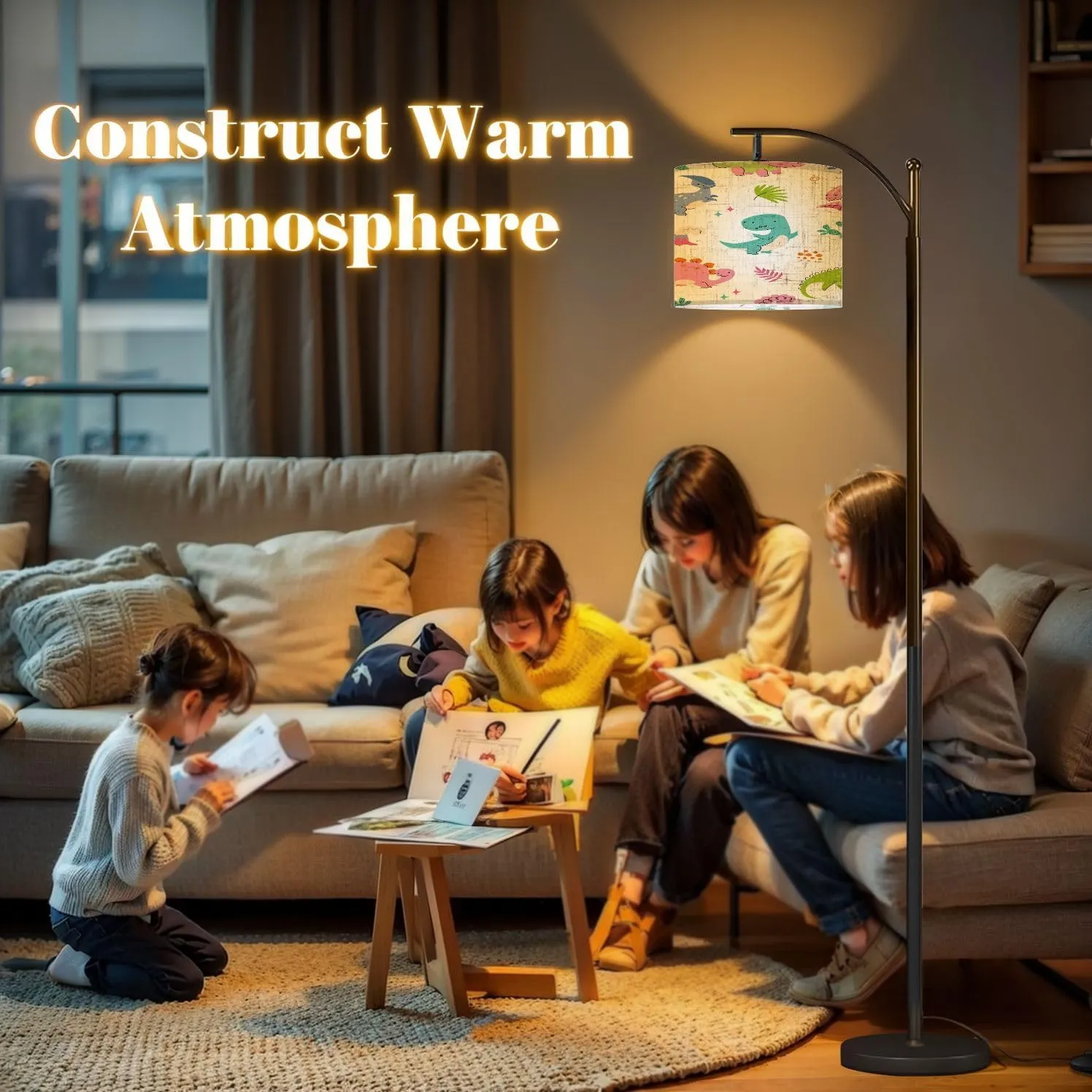 Arc Floor Lamps Dinosaur Seamless Pattern Sweet Cartoon Dinosaurs Clothes Print Flat Modern LED Adjustable Lampshade Standing Light for Living Room Reading Bedroom Office