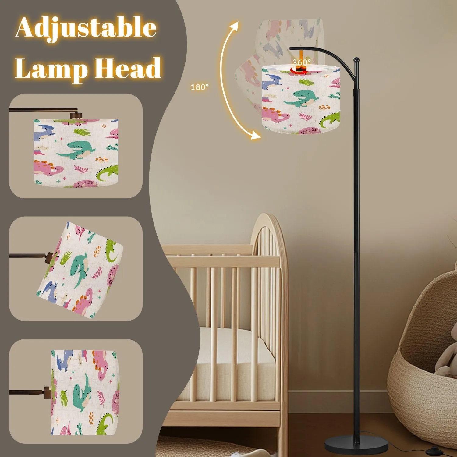 Arc Floor Lamps Dinosaur Seamless Pattern Sweet Cartoon Dinosaurs Clothes Print Flat Modern LED Adjustable Lampshade Standing Light for Living Room Reading Bedroom Office