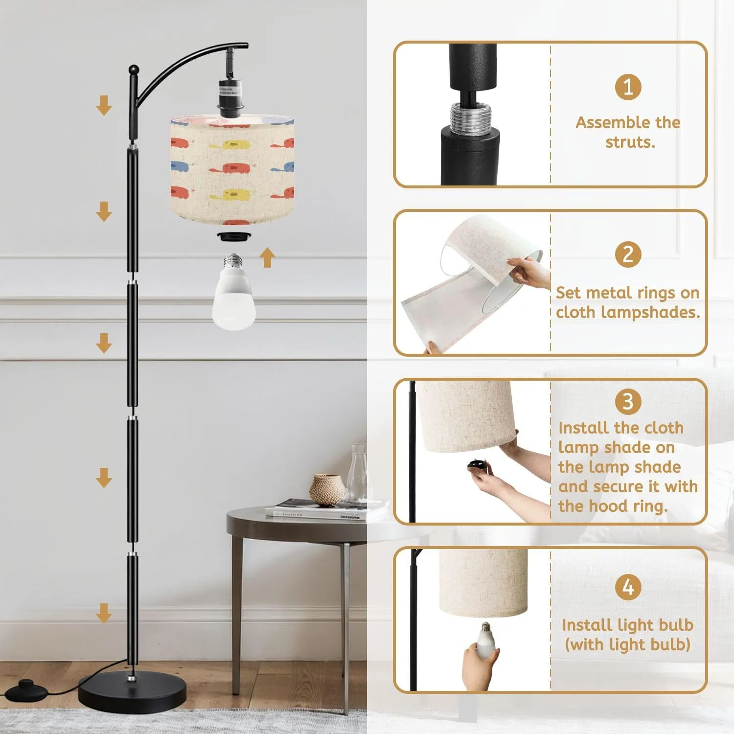 Arc Floor Lamps Elephant Colorful Cartoon so Cute Pattern Seamless Modern LED Adjustable Lampshade Standing Light for Living Room Reading Bedroom Office