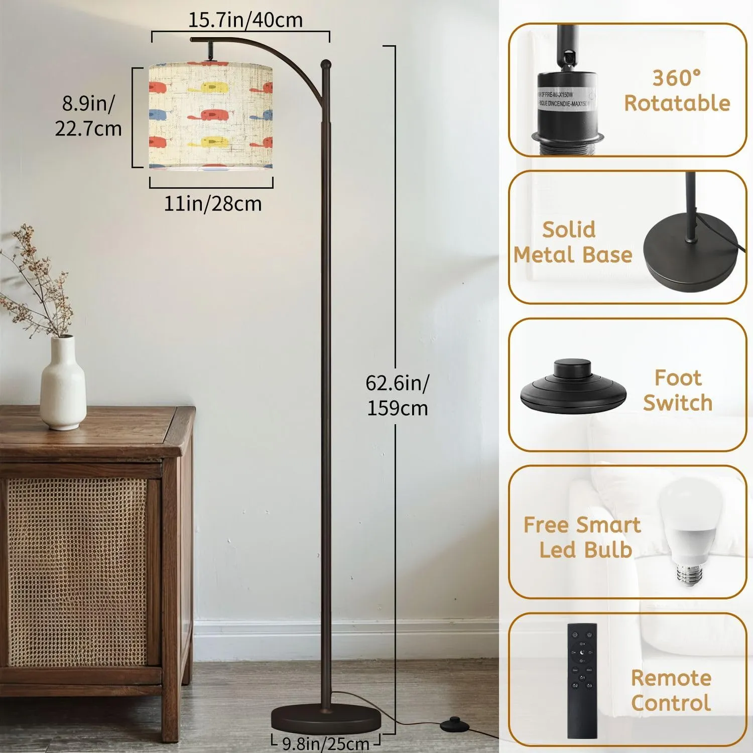 Arc Floor Lamps Elephant Colorful Cartoon so Cute Pattern Seamless Modern LED Adjustable Lampshade Standing Light for Living Room Reading Bedroom Office