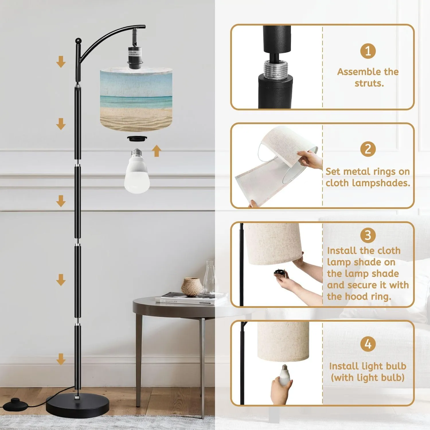 Arc Floor Lamps Empty Tropical Beach Modern LED Adjustable Lampshade Standing Light for Living Room Reading Bedroom Office