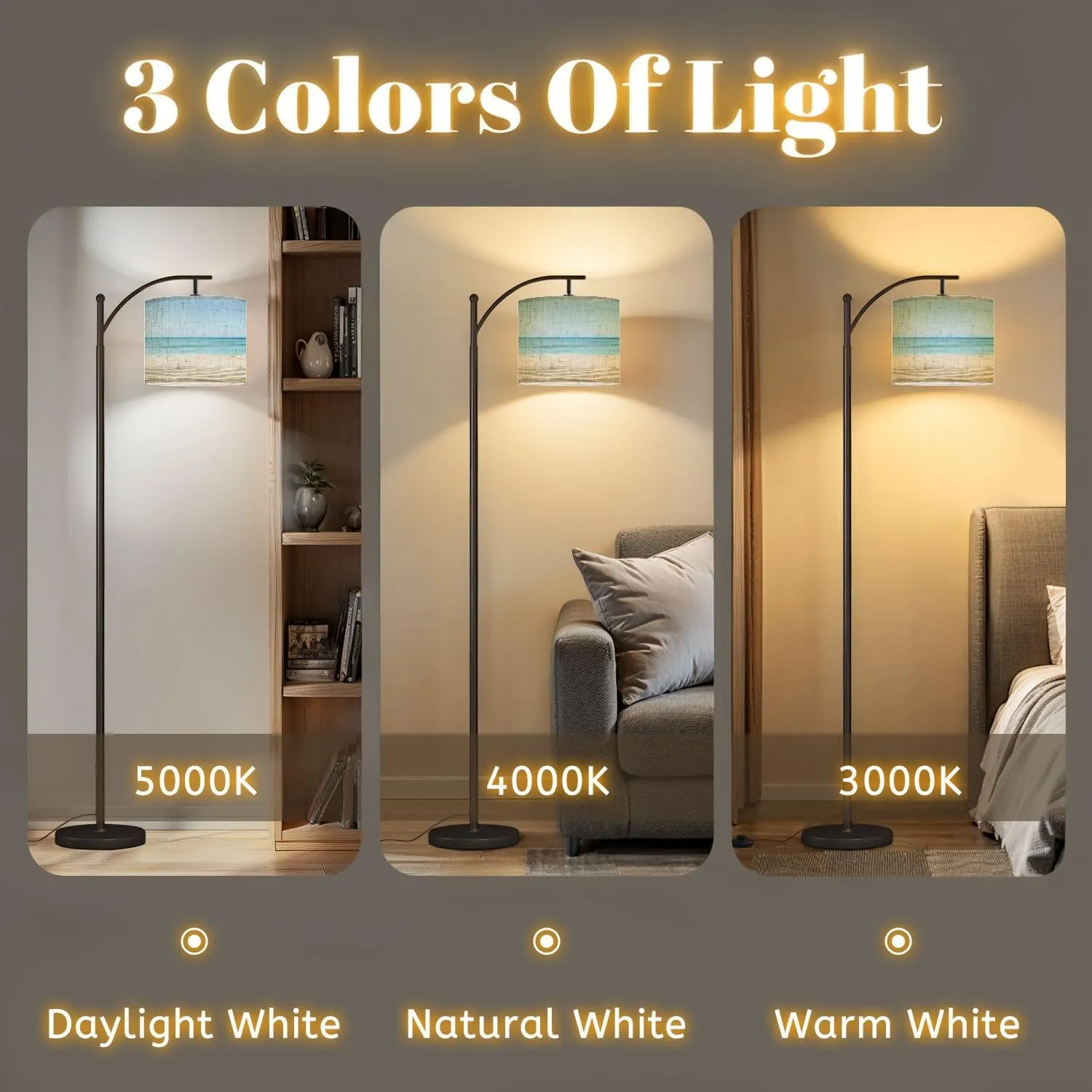 Arc Floor Lamps Empty Tropical Beach Modern LED Adjustable Lampshade Standing Light for Living Room Reading Bedroom Office