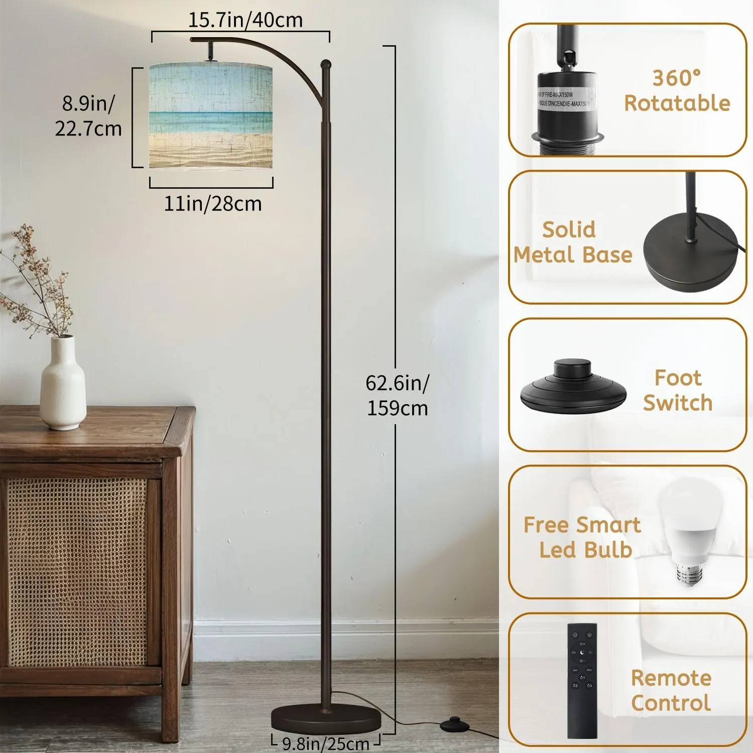 Arc Floor Lamps Empty Tropical Beach Modern LED Adjustable Lampshade Standing Light for Living Room Reading Bedroom Office