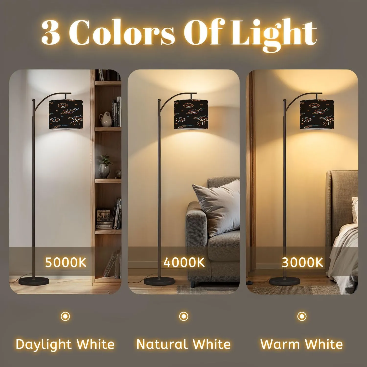 Arc Floor Lamps Hand Drawn Space Elements Seamless Pattern Space Space Doodle Seamless Modern LED Adjustable Lampshade Standing Light for Living Room Reading Bedroom Office
