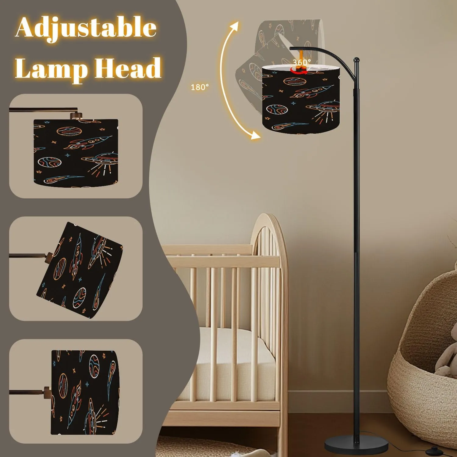 Arc Floor Lamps Hand Drawn Space Elements Seamless Pattern Space Space Doodle Seamless Modern LED Adjustable Lampshade Standing Light for Living Room Reading Bedroom Office