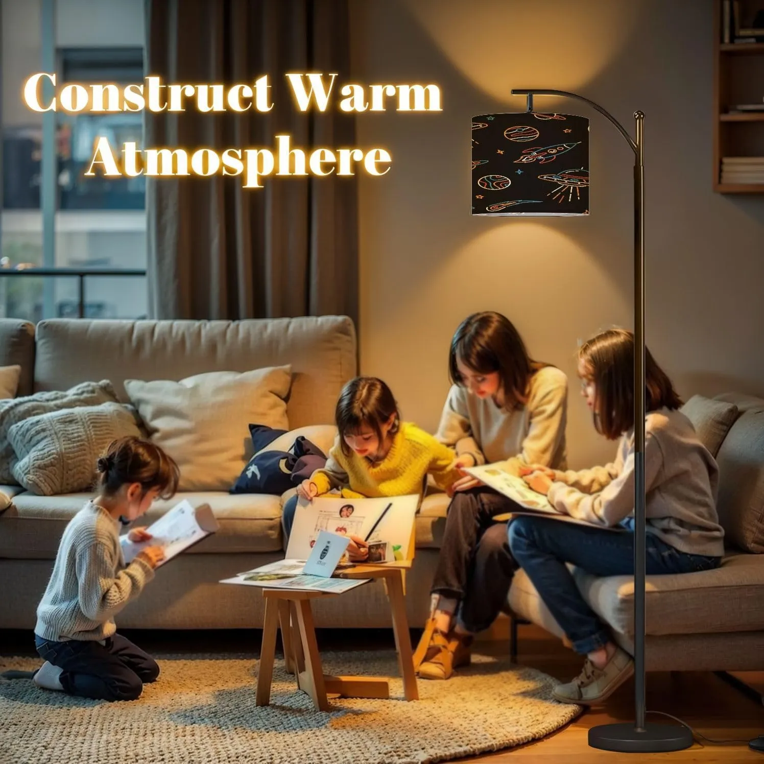 Arc Floor Lamps Hand Drawn Space Elements Seamless Pattern Space Space Doodle Seamless Modern LED Adjustable Lampshade Standing Light for Living Room Reading Bedroom Office