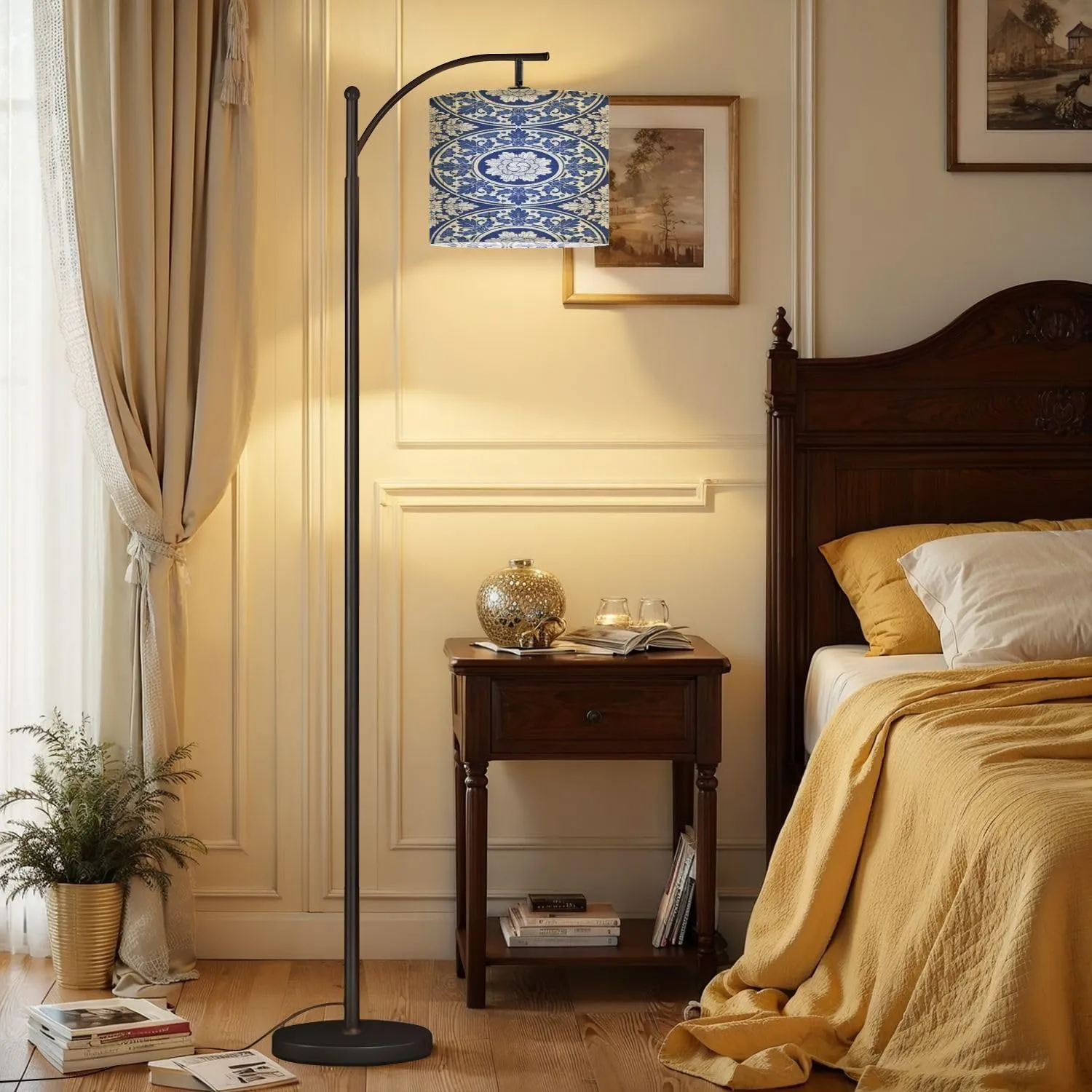 Arc Floor Lamps Indigo Blue Porcelain Thai Flower Traditional Ornamental Style Design Modern LED Adjustable Lampshade Standing Light for Living Room Reading Bedroom Office