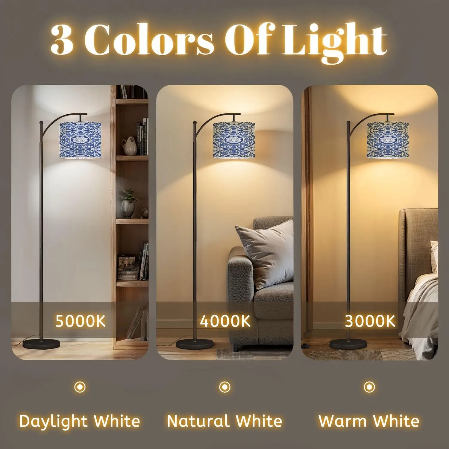 Arc Floor Lamps Indigo Blue Porcelain Thai Flower Traditional Ornamental Style Design Modern LED Adjustable Lampshade Standing Light for Living Room Reading Bedroom Office