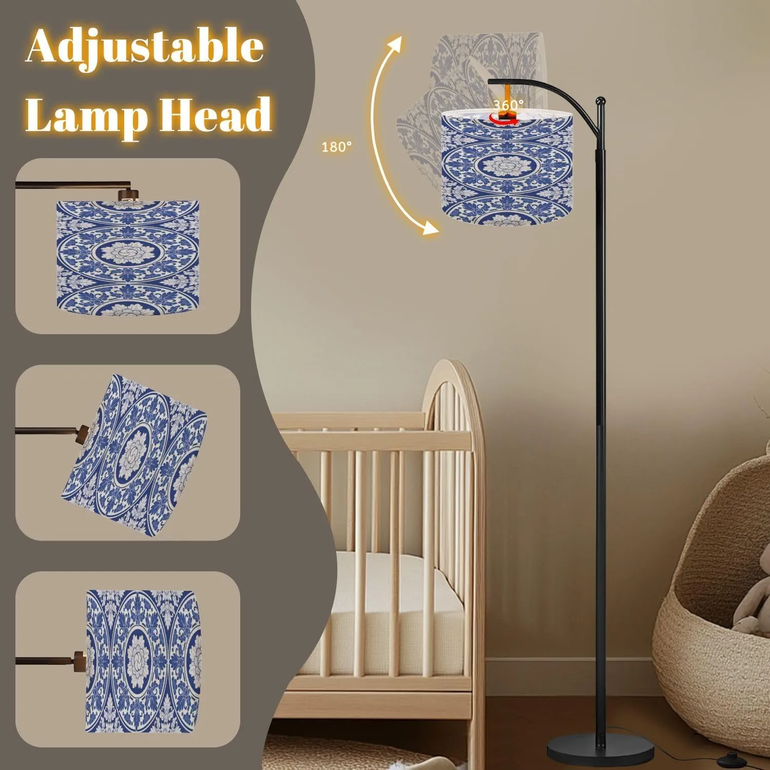 Arc Floor Lamps Indigo Blue Porcelain Thai Flower Traditional Ornamental Style Design Modern LED Adjustable Lampshade Standing Light for Living Room Reading Bedroom Office