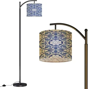 Arc Floor Lamps Indigo Blue Porcelain Thai Flower Traditional Ornamental Style Design Modern LED Adjustable Lampshade Standing Light for Living Room Reading Bedroom Office