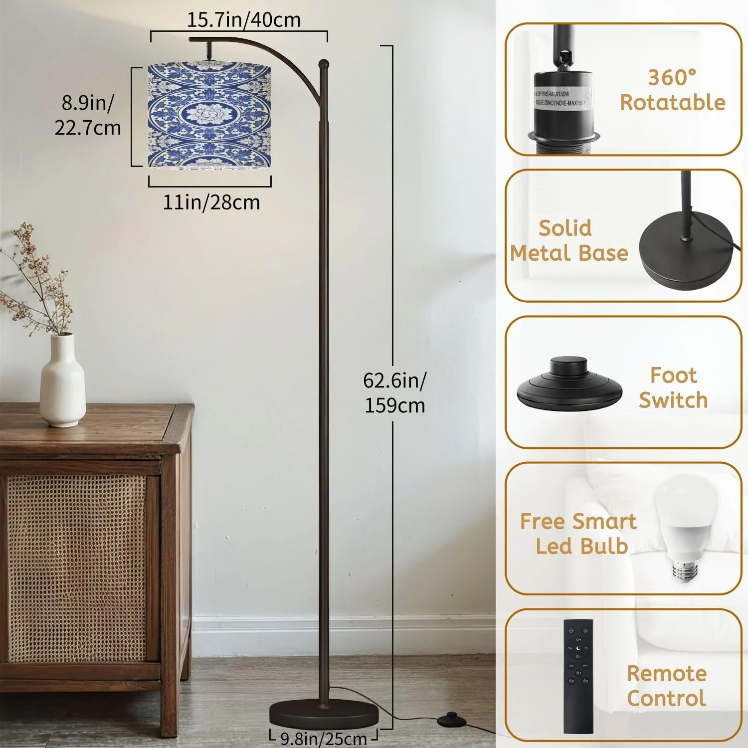 Arc Floor Lamps Indigo Blue Porcelain Thai Flower Traditional Ornamental Style Design Modern LED Adjustable Lampshade Standing Light for Living Room Reading Bedroom Office