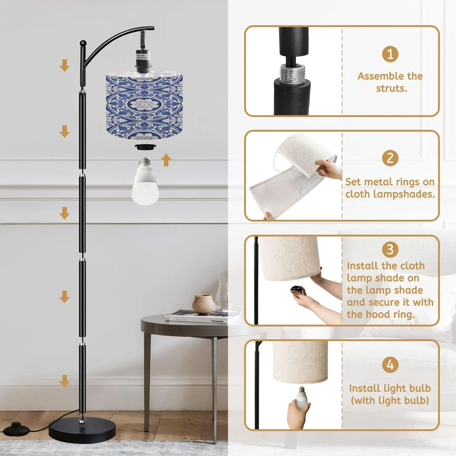 Arc Floor Lamps Indigo Blue Porcelain Thai Flower Traditional Ornamental Style Design Modern LED Adjustable Lampshade Standing Light for Living Room Reading Bedroom Office