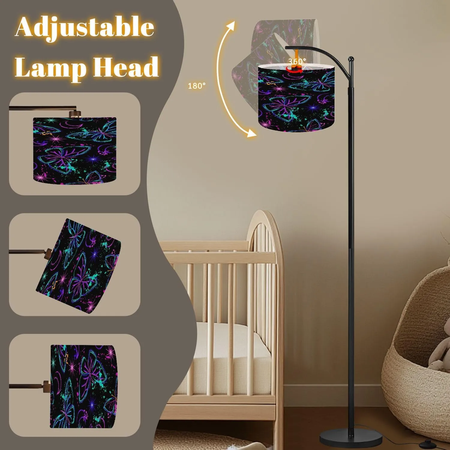Arc Floor Lamps Seamless Fluorescent Fantasy Pattern Sun Butterfly Paint Brush Strokes Modern LED Adjustable Lampshade Standing Light for Living Room Reading Bedroom Office