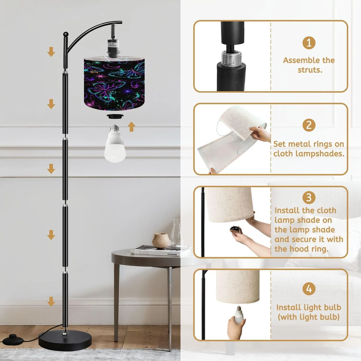 Arc Floor Lamps Seamless Fluorescent Fantasy Pattern Sun Butterfly Paint Brush Strokes Modern LED Adjustable Lampshade Standing Light for Living Room Reading Bedroom Office