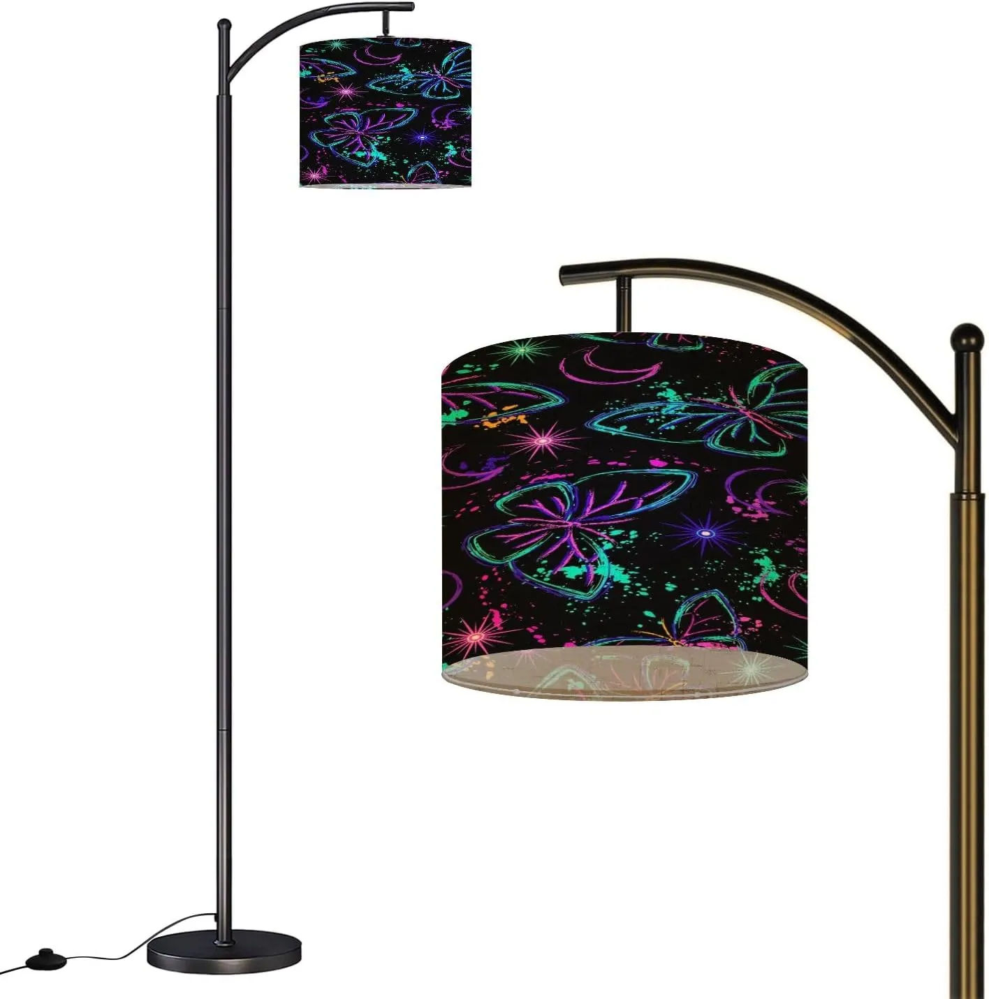 Arc Floor Lamps Seamless Fluorescent Fantasy Pattern Sun Butterfly Paint Brush Strokes Modern LED Adjustable Lampshade Standing Light for Living Room Reading Bedroom Office