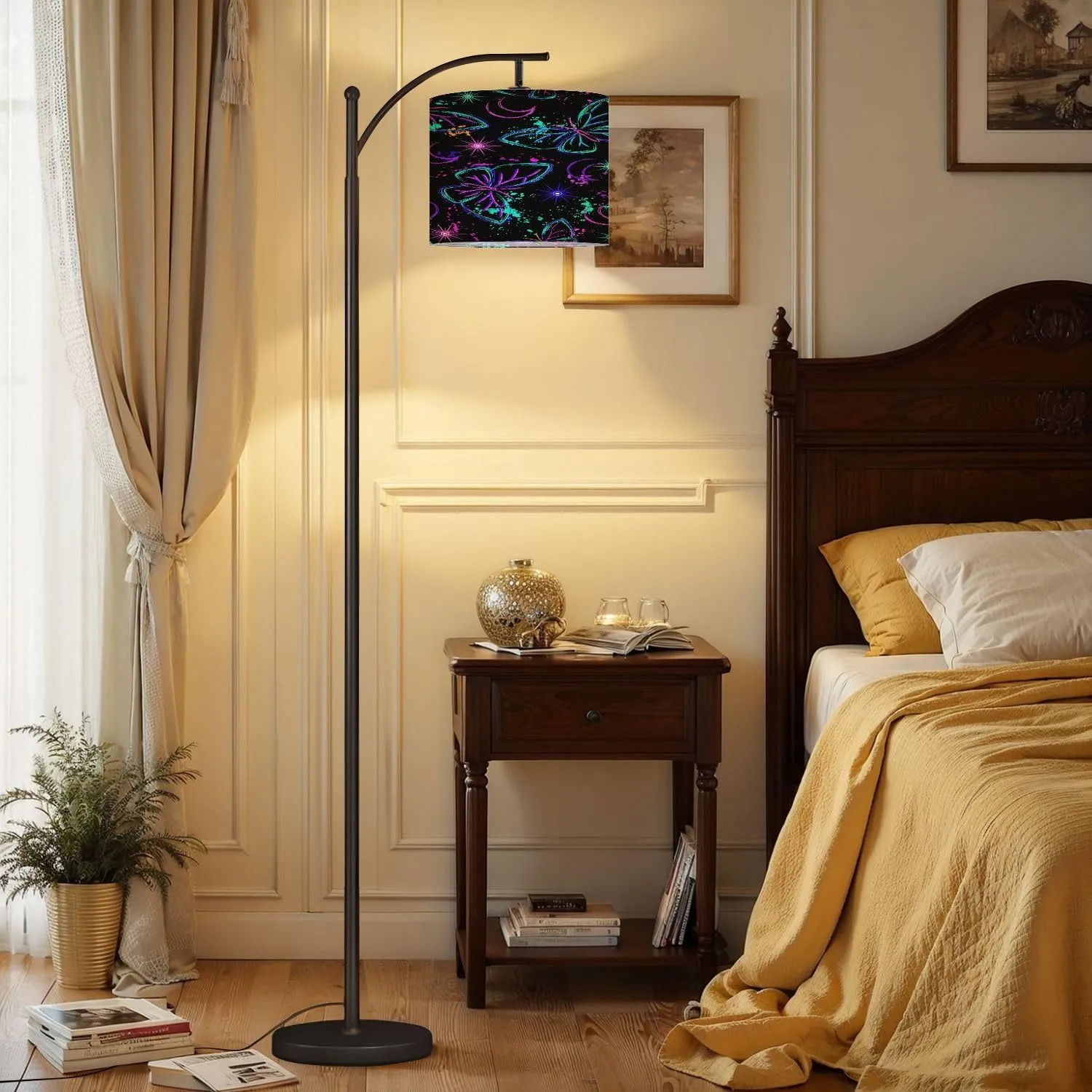 Arc Floor Lamps Seamless Fluorescent Fantasy Pattern Sun Butterfly Paint Brush Strokes Modern LED Adjustable Lampshade Standing Light for Living Room Reading Bedroom Office