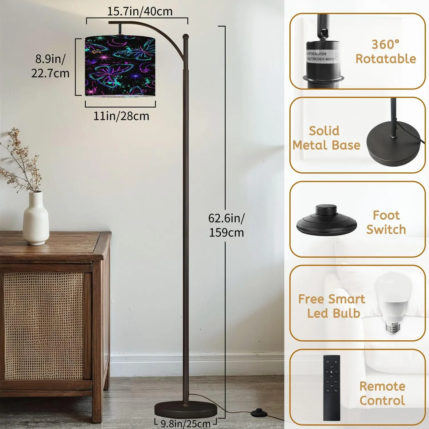 Arc Floor Lamps Seamless Fluorescent Fantasy Pattern Sun Butterfly Paint Brush Strokes Modern LED Adjustable Lampshade Standing Light for Living Room Reading Bedroom Office