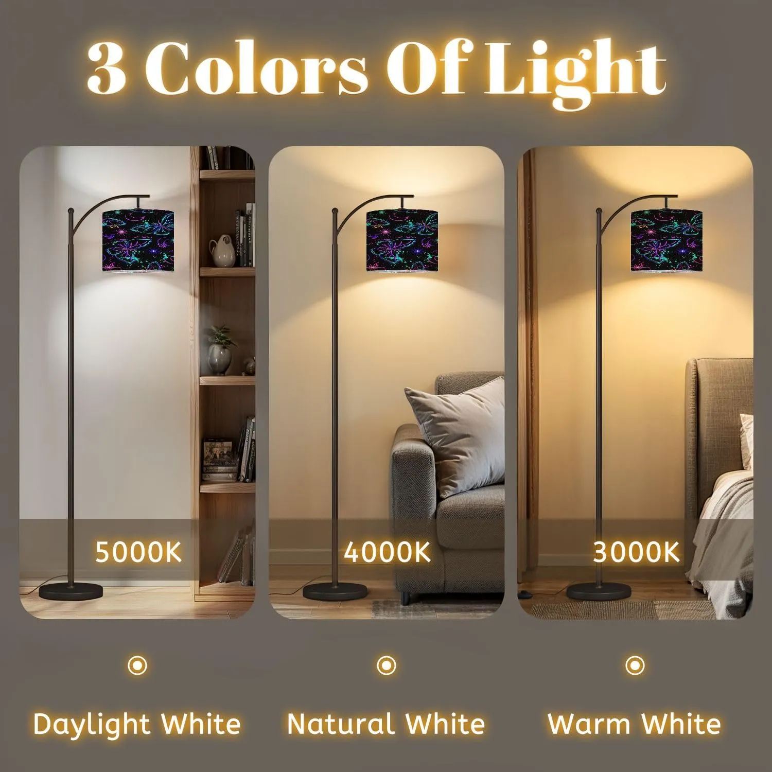 Arc Floor Lamps Seamless Fluorescent Fantasy Pattern Sun Butterfly Paint Brush Strokes Modern LED Adjustable Lampshade Standing Light for Living Room Reading Bedroom Office