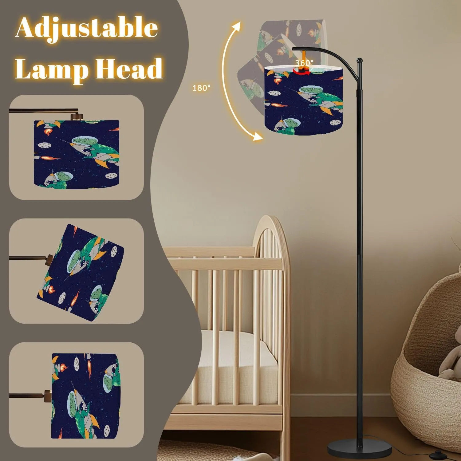 Arc Floor Lamps Seamless Pattern Astronaut Dinosaur Space Elements Modern LED Adjustable Lampshade Standing Light for Living Room Reading Bedroom Office