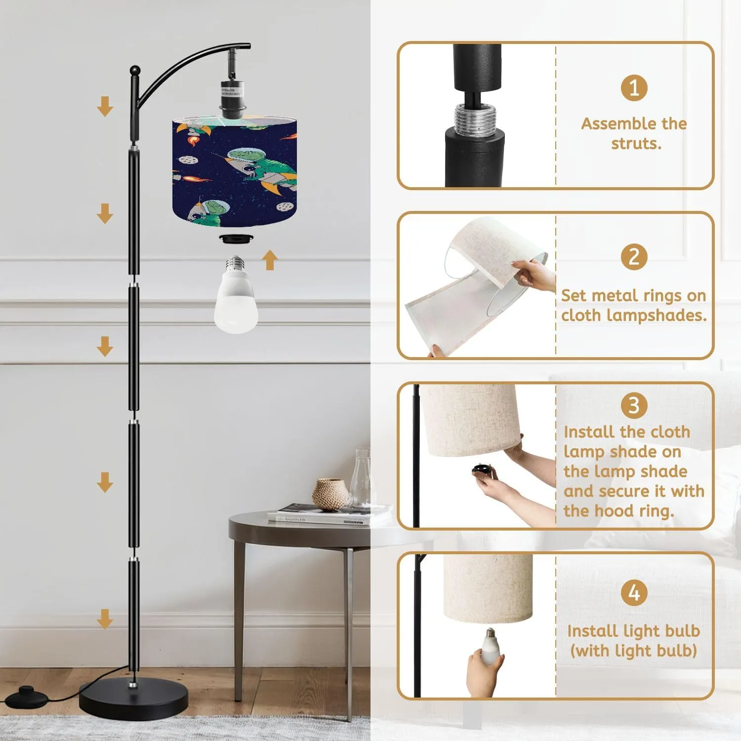 Arc Floor Lamps Seamless Pattern Astronaut Dinosaur Space Elements Modern LED Adjustable Lampshade Standing Light for Living Room Reading Bedroom Office