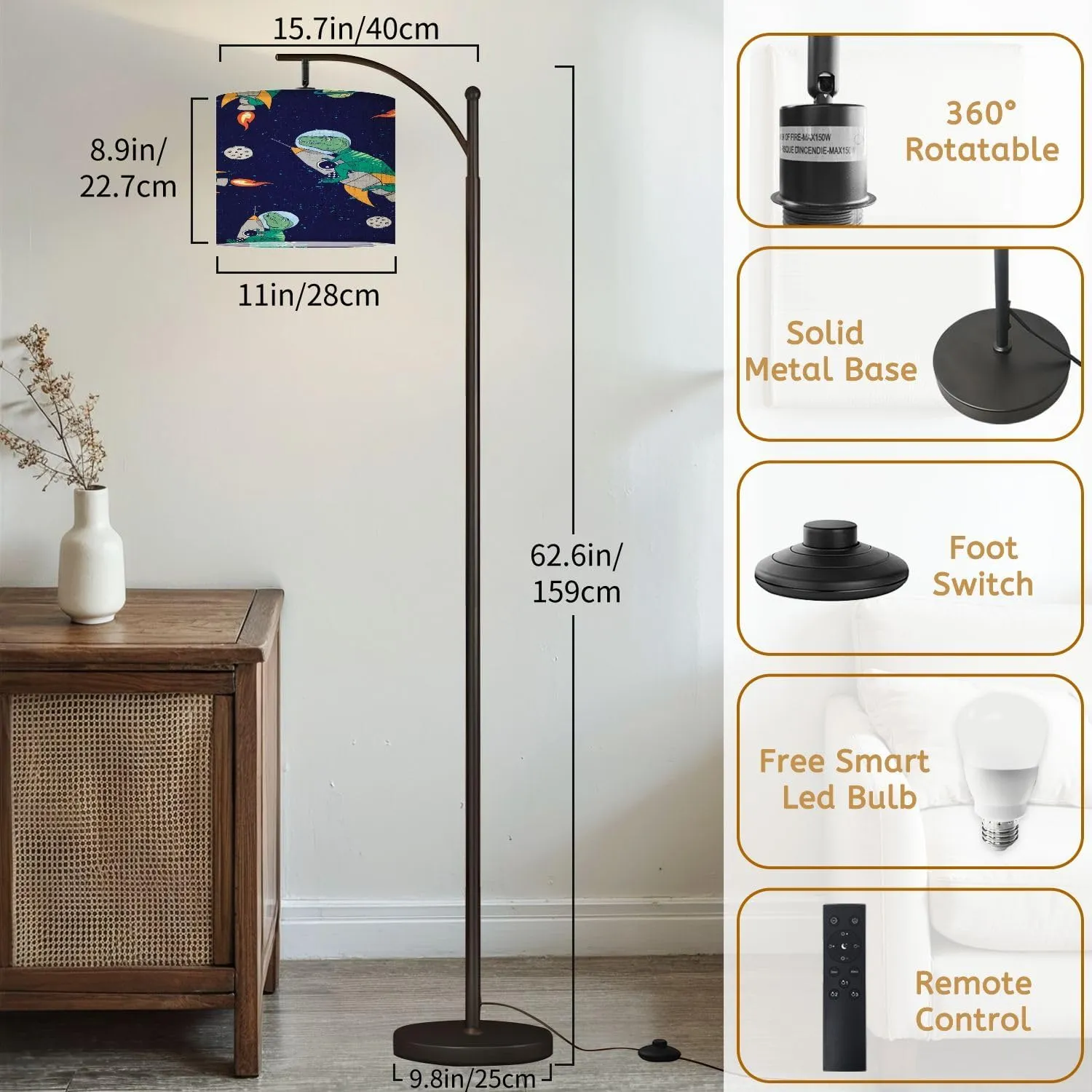 Arc Floor Lamps Seamless Pattern Astronaut Dinosaur Space Elements Modern LED Adjustable Lampshade Standing Light for Living Room Reading Bedroom Office