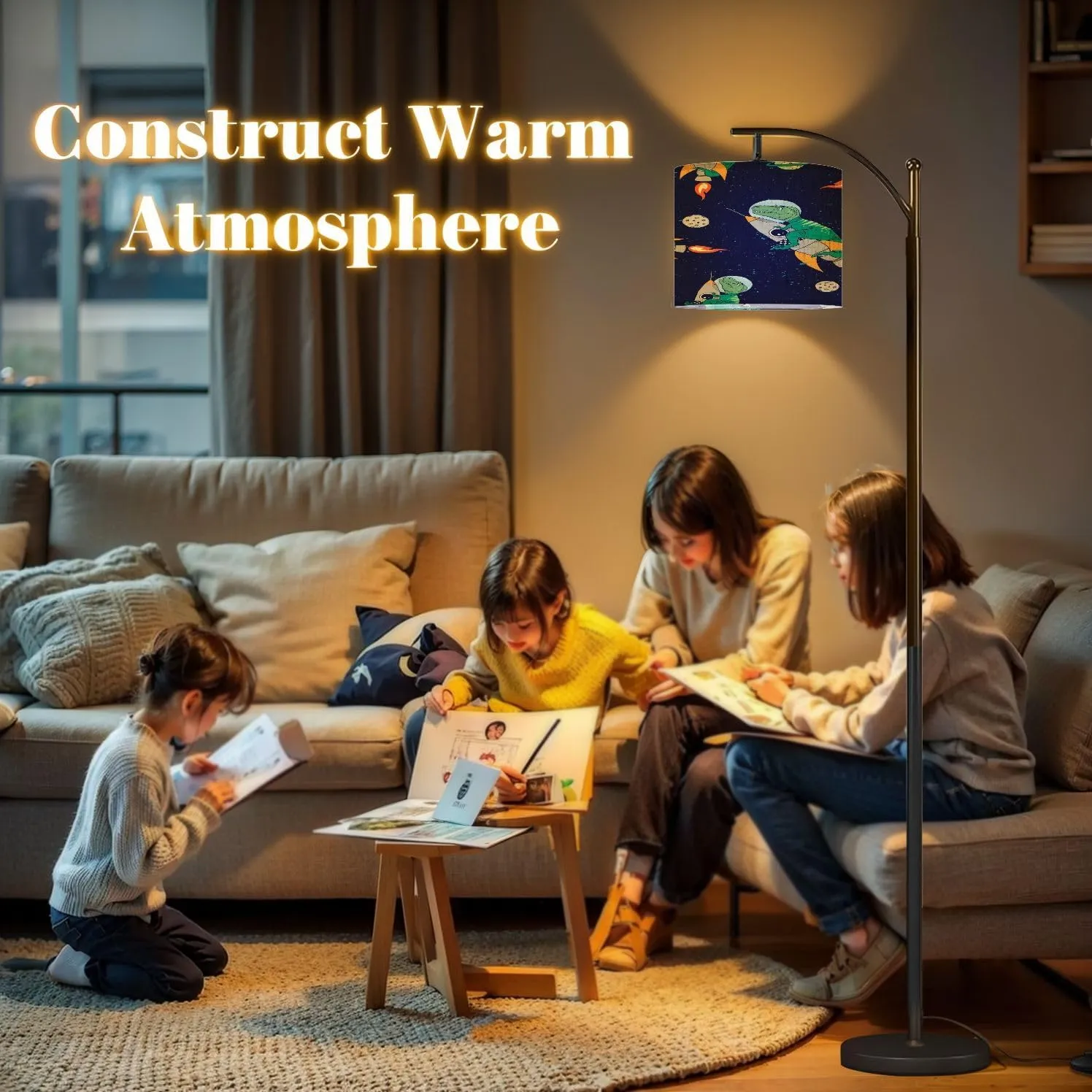 Arc Floor Lamps Seamless Pattern Astronaut Dinosaur Space Elements Modern LED Adjustable Lampshade Standing Light for Living Room Reading Bedroom Office