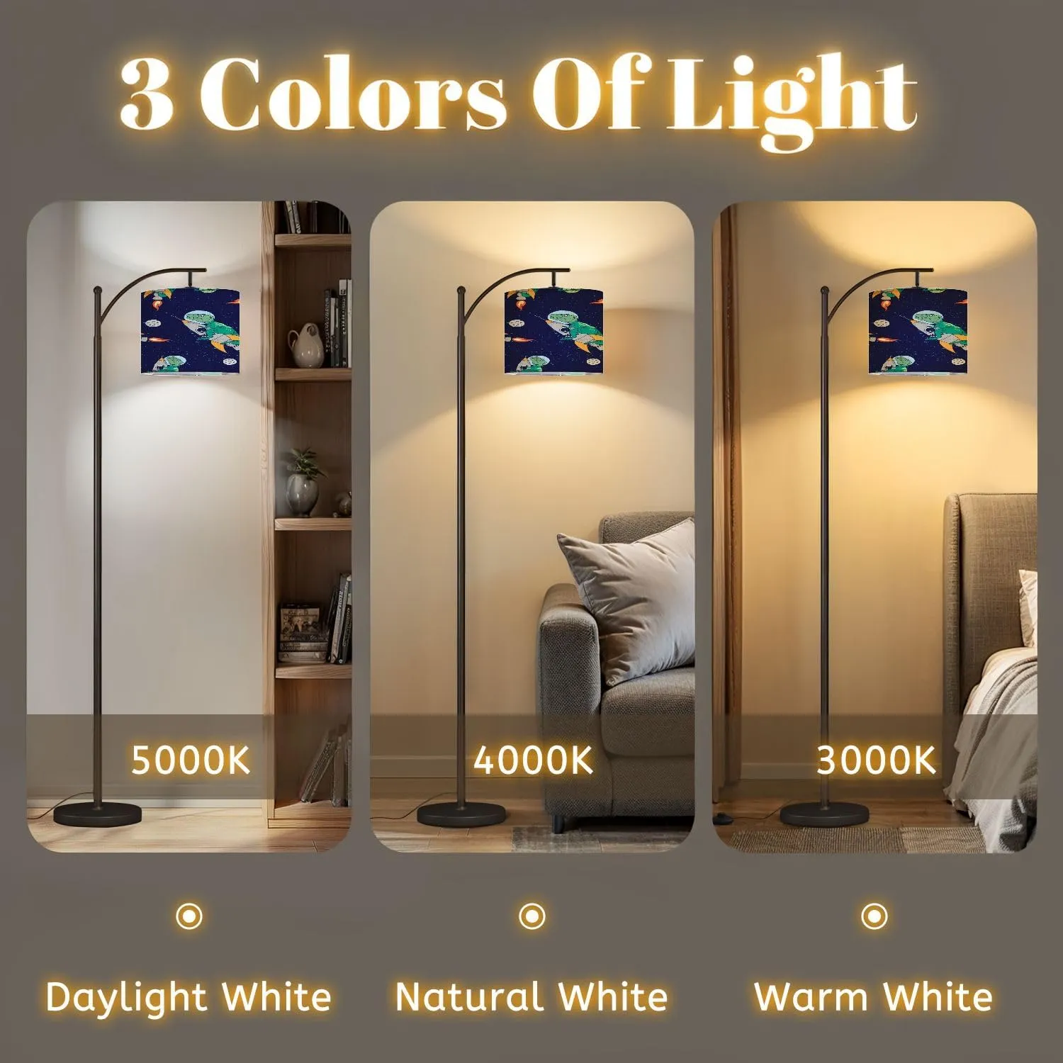 Arc Floor Lamps Seamless Pattern Astronaut Dinosaur Space Elements Modern LED Adjustable Lampshade Standing Light for Living Room Reading Bedroom Office