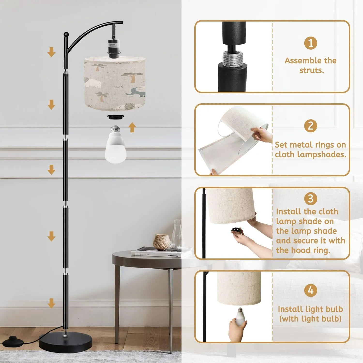 Arc Floor Lamps Seamless Pattern Cute Elephant Light Flat Style Used for Fabric Modern LED Adjustable Lampshade Standing Light for Living Room Reading Bedroom Office
