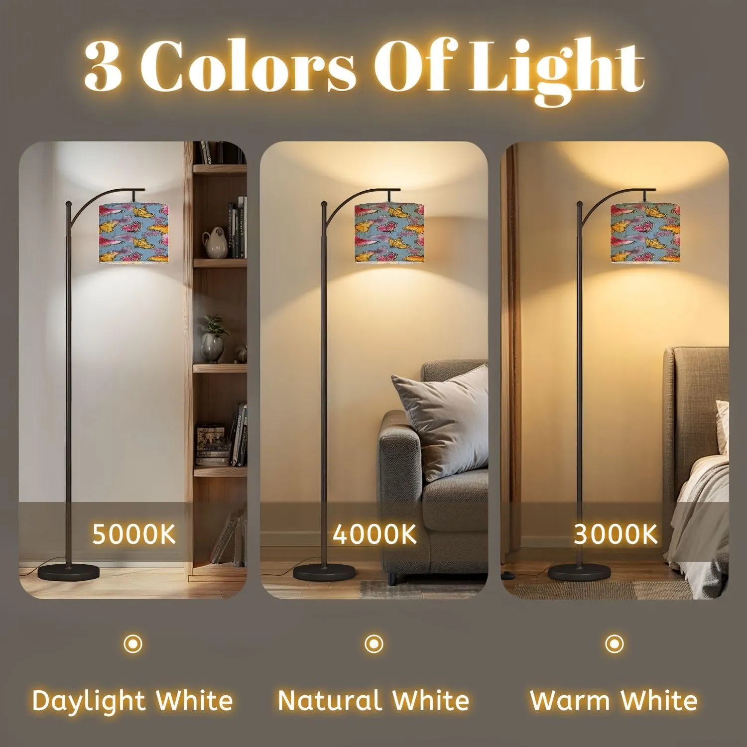 Arc Floor Lamps Watercolor Pink Butterflies Seamless Pattern Hand Painted Summer Modern LED Adjustable Lampshade Standing Light for Living Room Reading Bedroom Office