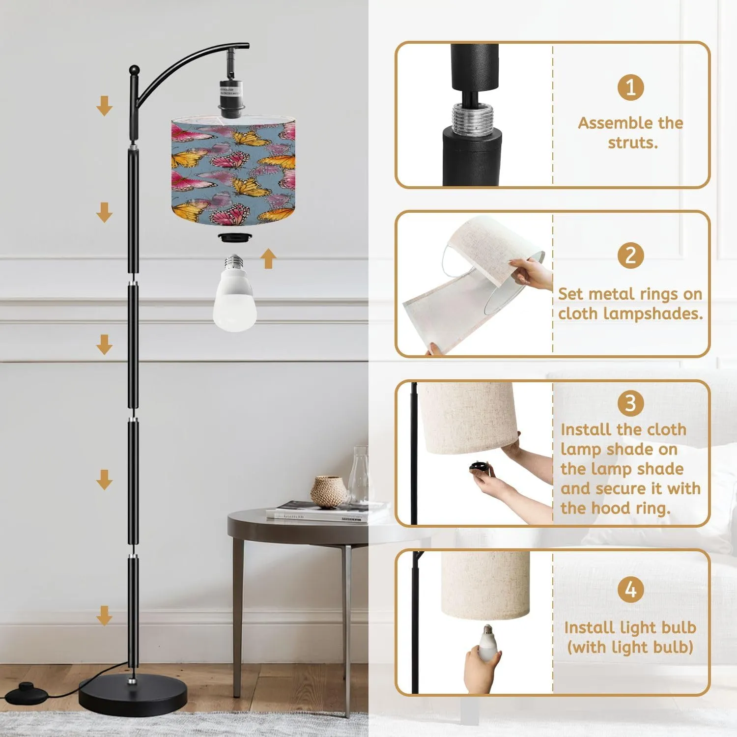 Arc Floor Lamps Watercolor Pink Butterflies Seamless Pattern Hand Painted Summer Modern LED Adjustable Lampshade Standing Light for Living Room Reading Bedroom Office
