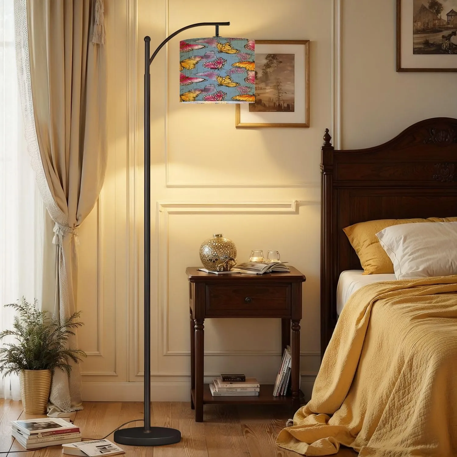 Arc Floor Lamps Watercolor Pink Butterflies Seamless Pattern Hand Painted Summer Modern LED Adjustable Lampshade Standing Light for Living Room Reading Bedroom Office