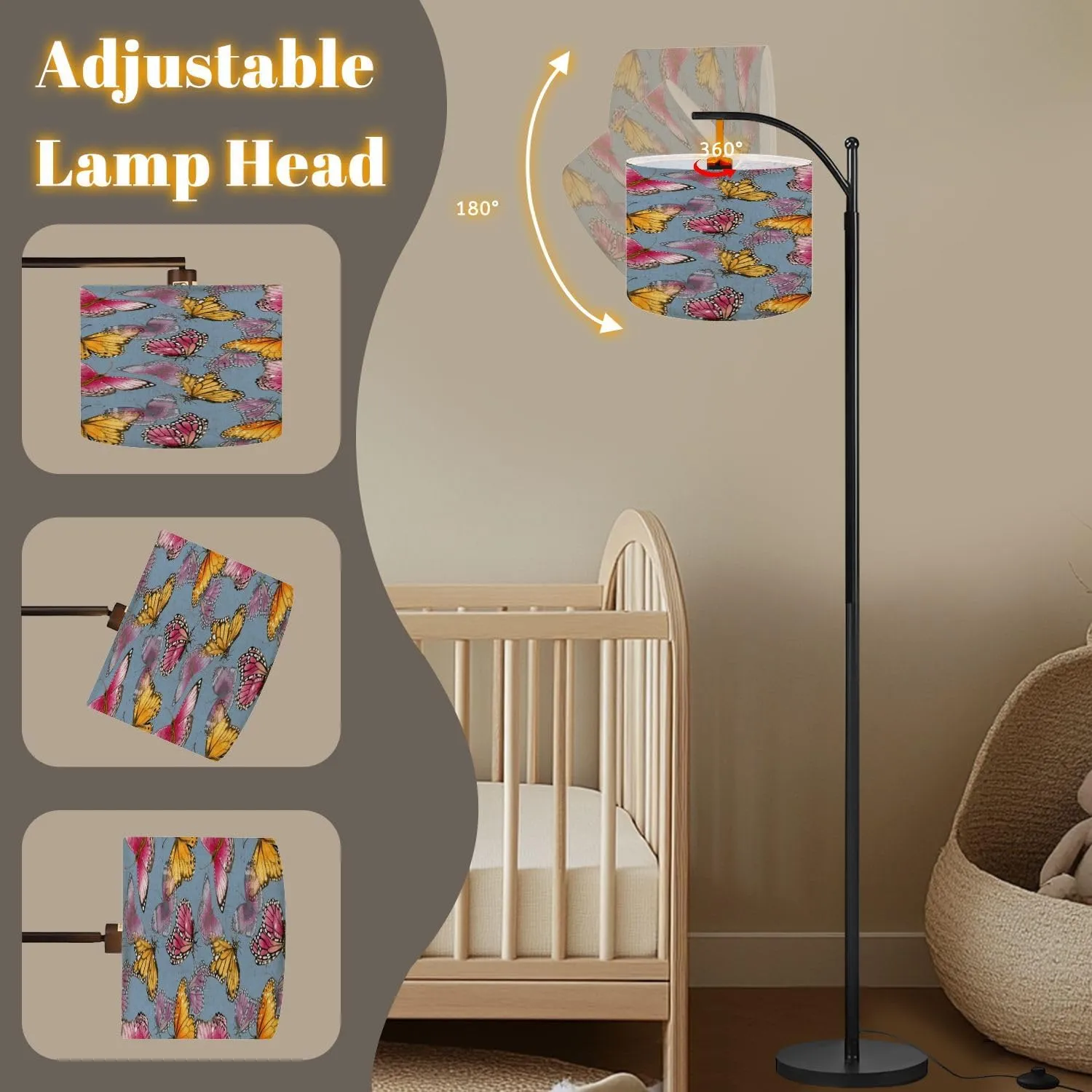 Arc Floor Lamps Watercolor Pink Butterflies Seamless Pattern Hand Painted Summer Modern LED Adjustable Lampshade Standing Light for Living Room Reading Bedroom Office