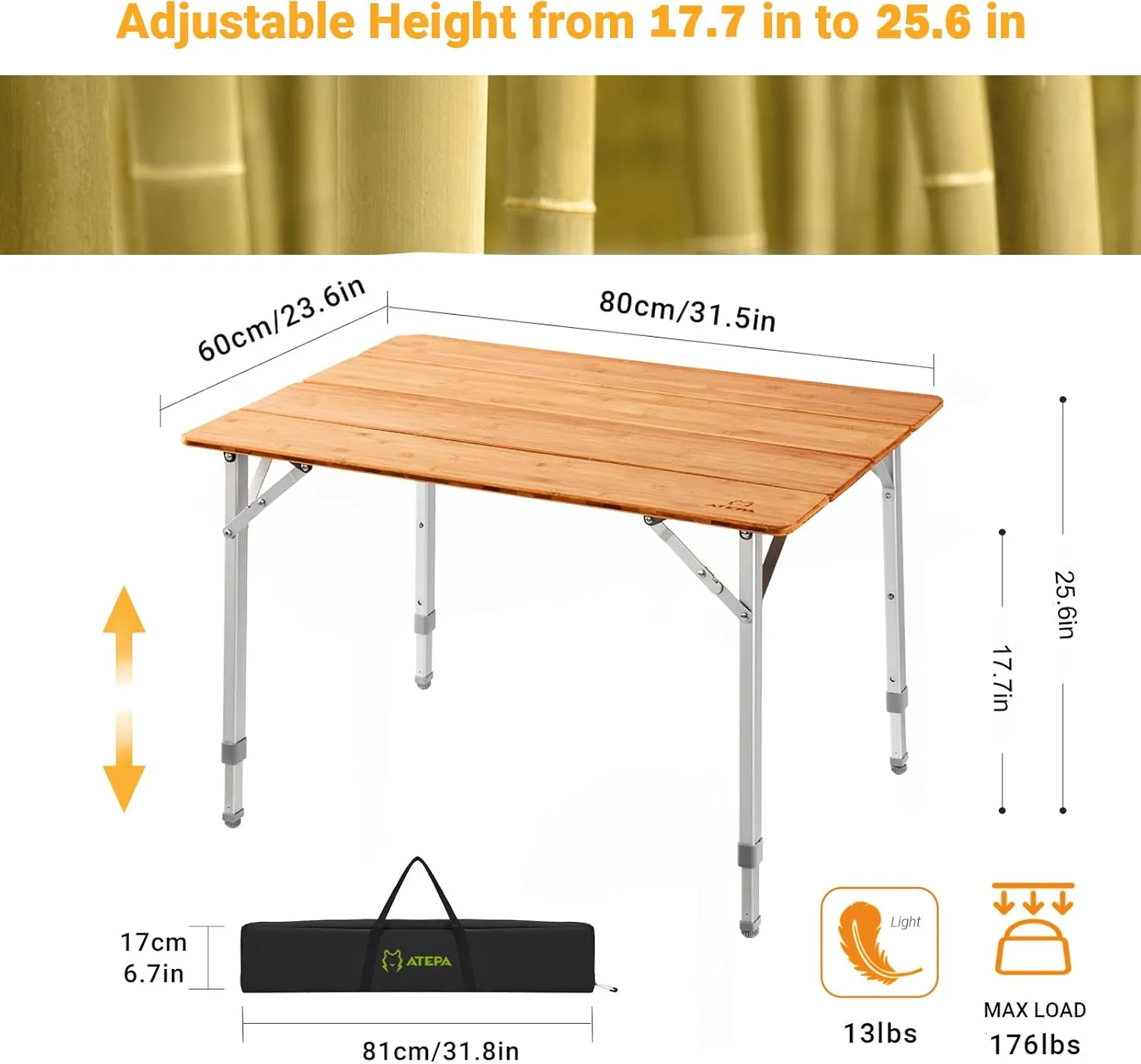 ATEPA Bamboo Folding Camping Table Height Adjustable Lightweight Outdoor Folding Table Portable Foldable Camp Table with Carry Bag, Collapsible Side Table for Dinning, Beach, Travel, Picnic, Patio