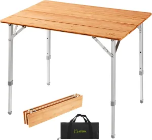 ATEPA Bamboo Folding Camping Table Height Adjustable Lightweight Outdoor Folding Table Portable Foldable Camp Table with Carry Bag, Collapsible Side Table for Dinning, Beach, Travel, Picnic, Patio