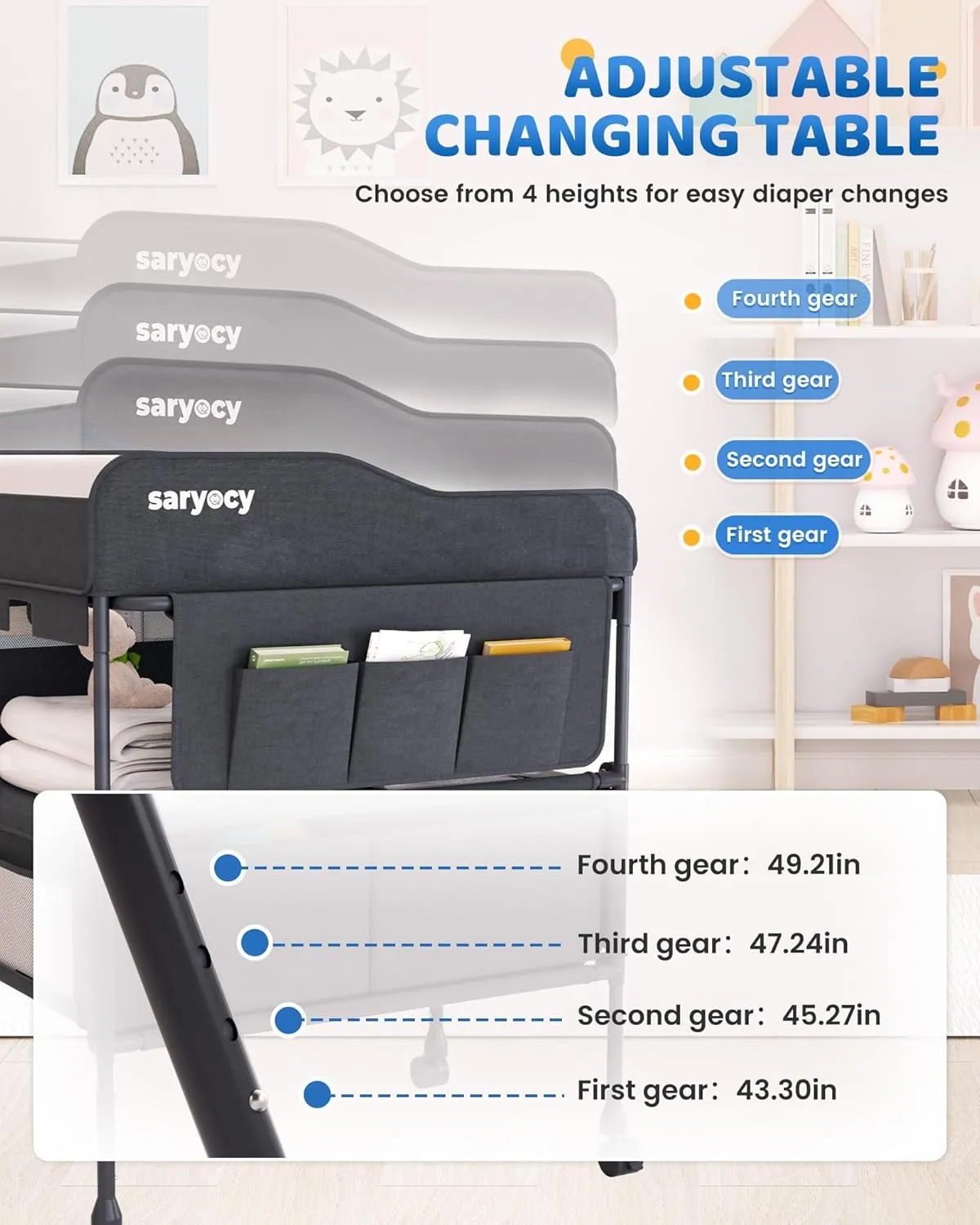 Baby Changing Table with Storage, Versatile Folding Changing Table, Baby Changing Station, Removable Wheels, 4 Adjustable Height, Waterproof, Mobile Nursery for Infant and Newborn