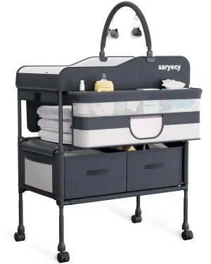 Baby Changing Table with Storage, Versatile Folding Changing Table, Baby Changing Station, Removable Wheels, 4 Adjustable Height, Waterproof, Mobile Nursery for Infant and Newborn