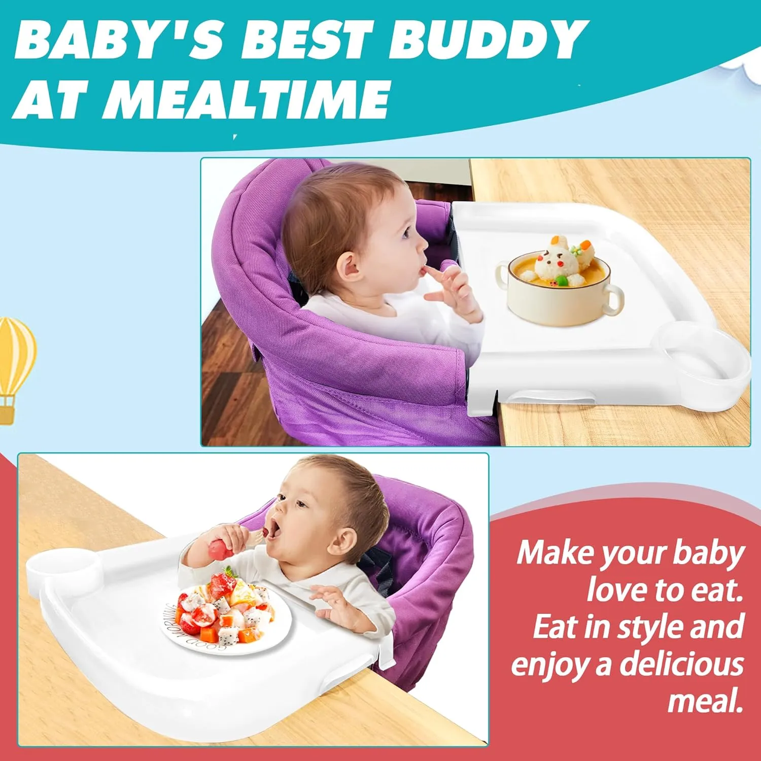 Baby Dining Tray Compatible with in-gle-sina Fast Table Chair, Portable Baby Feeding Tray for Clip-On & Hook-on Table Chair, Ideal for Toddler Perfect for Meal, Restaurant - White