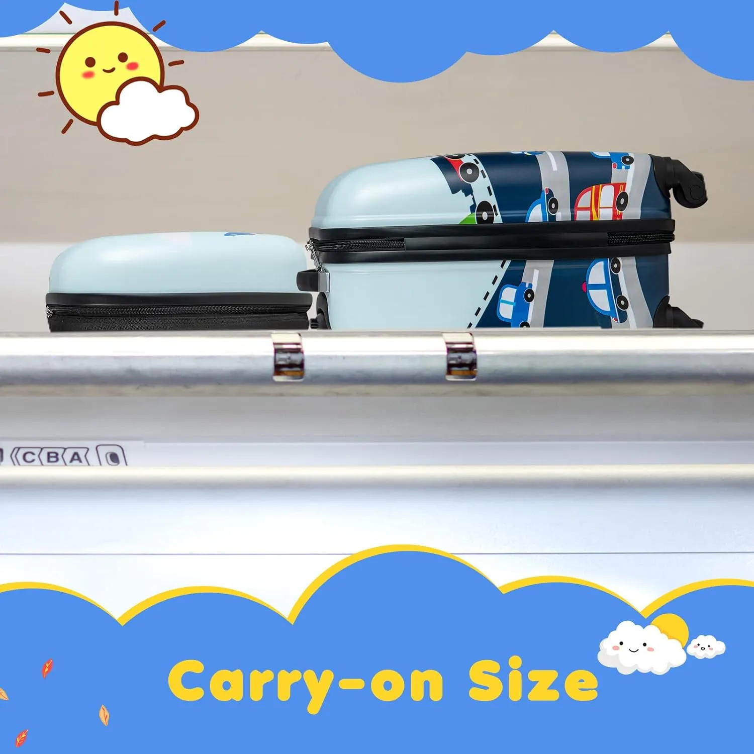 BABY JOY 2 Pcs Kids Luggage Set, 16" Toddlers Carry-on Suitcase & 12" Backpack Set, Children Travelling Case w/ 4 Casters, Retractable Handle, Lightweight Trolley Case for Boys Girls (Little Cars)