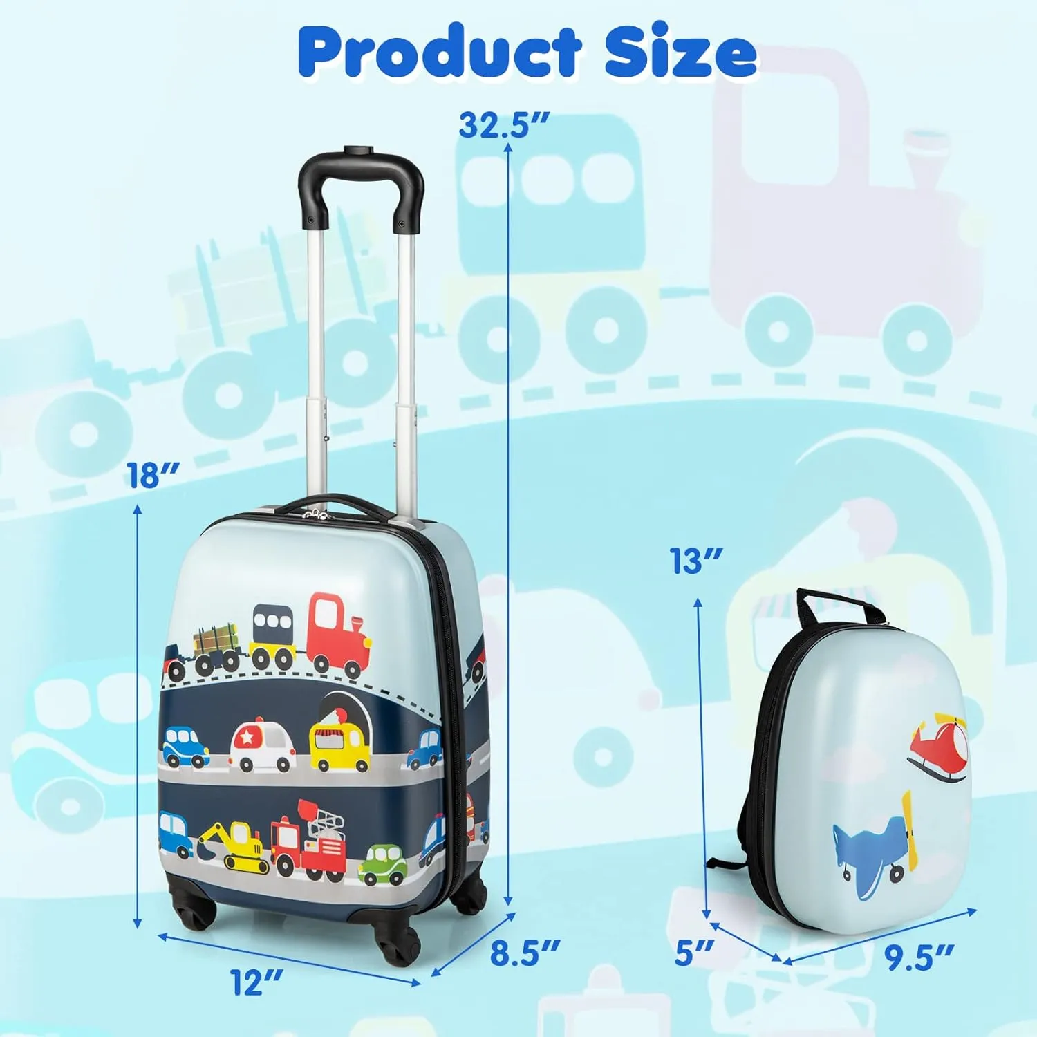 BABY JOY 2 Pcs Kids Luggage Set, 16" Toddlers Carry-on Suitcase & 12" Backpack Set, Children Travelling Case w/ 4 Casters, Retractable Handle, Lightweight Trolley Case for Boys Girls (Little Cars)